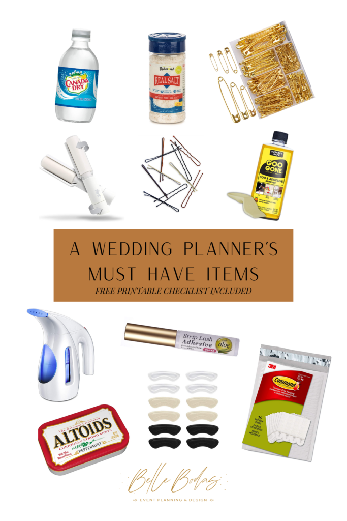 A list of must have items every emergency checklist needs. Including goo gone, a steamer, heel liners, club soda and salt. You can download your free printable list of over 40 plus items a wedding planner brings to your event.