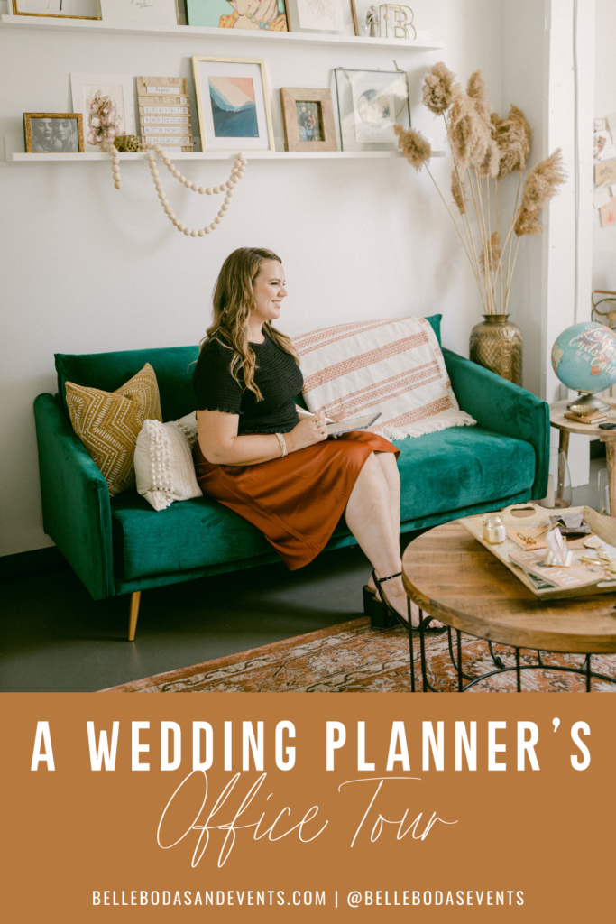 Use this Pinterest friendly image to save to your Pinterest board. The title says "A Wedding Planner's Office Tour". The image is of myself on my green velvet couch and over view of my office space. Get inspired to add important decor elements for your office space.