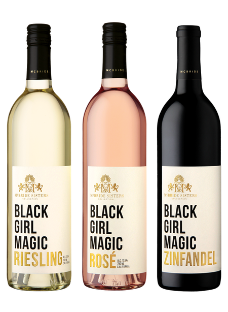 An image of 3 bottle of wines. 1 riesling, 1 rose, 1 zinfandel. All three have the label  "black girl magic".  This trio bundle is one of our recommendations for the wedding gift guide.